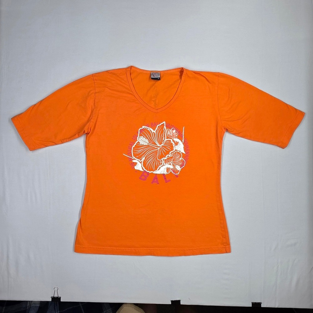 Krisna Bali Women Orange Hibiscus Graphic V-Neck 3/4 Sleeve Tee Shirt XL